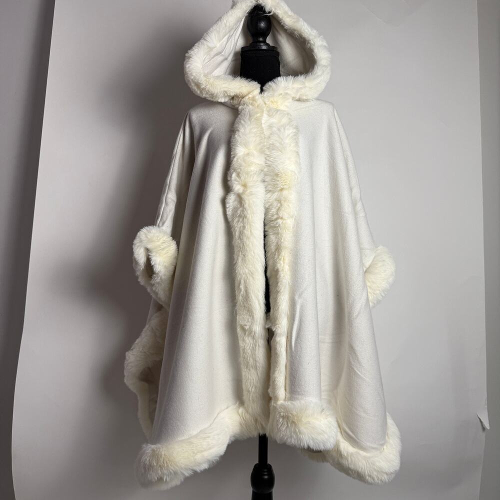 White Snow Bunny Cape Coat With Faux Fur Trim Hooded Cloak Poncho - One Size